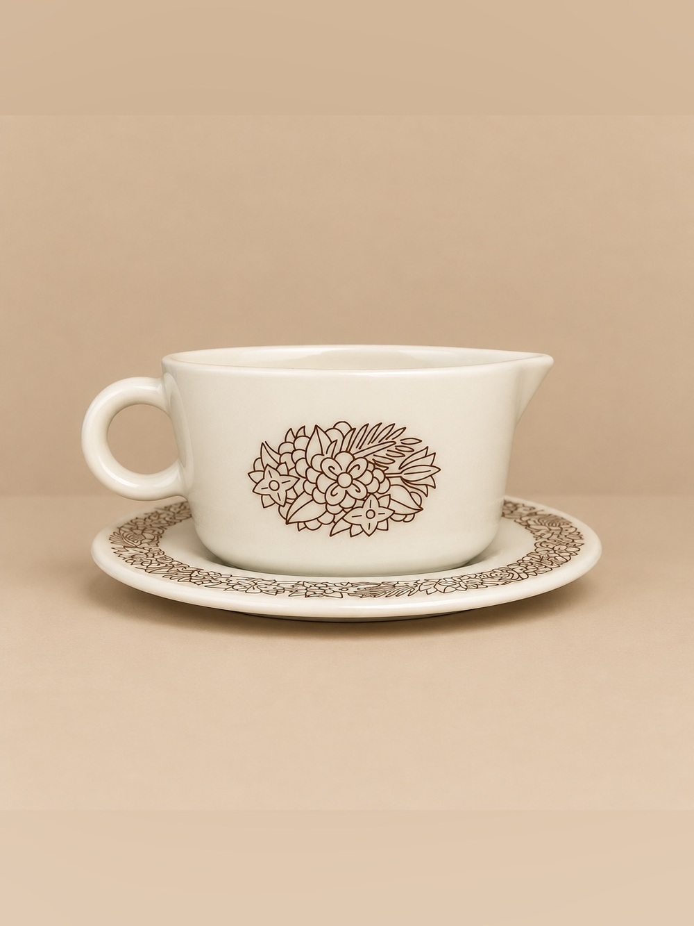 Pyrex Woodland Brown Gravy Boat and Underplate set (models 77-B and 77-U) made